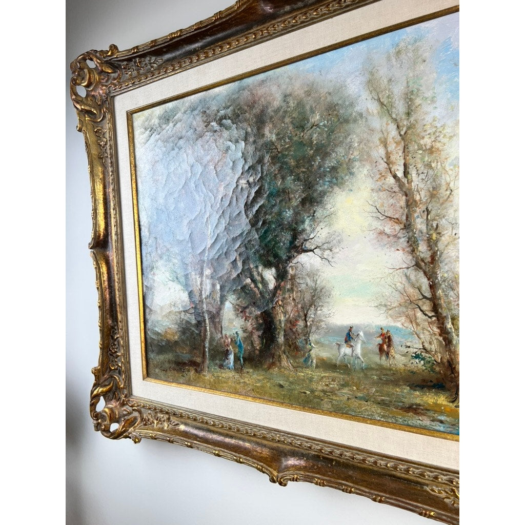 The "Vintage Guy Cambier Belgian Romantic Landscape Oil Painting with Horsemen, c. 1960–1980" depicts horsemen and figures beneath leafy trees under a cloudy sky, rendered in soft, impressionistic brushstrokes.