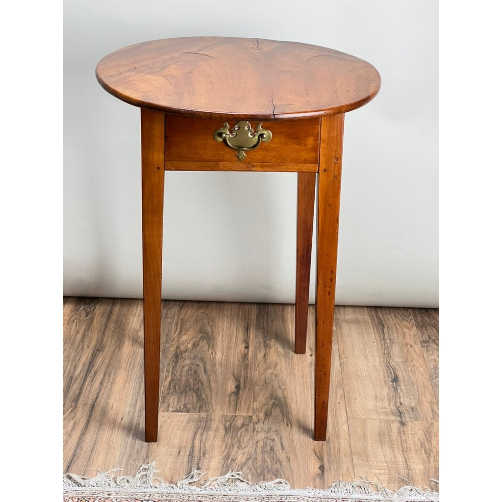 Antique 18th Century Cherry Hepplewhite One Drawer End Table with Figured Cherry Oval Top