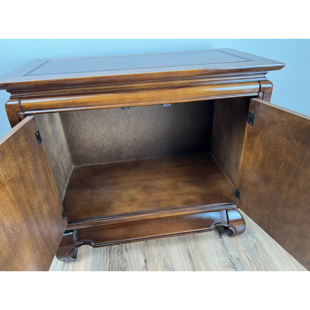 Vintage Broyhill Walnut Parquetry Asian Console Cabinet