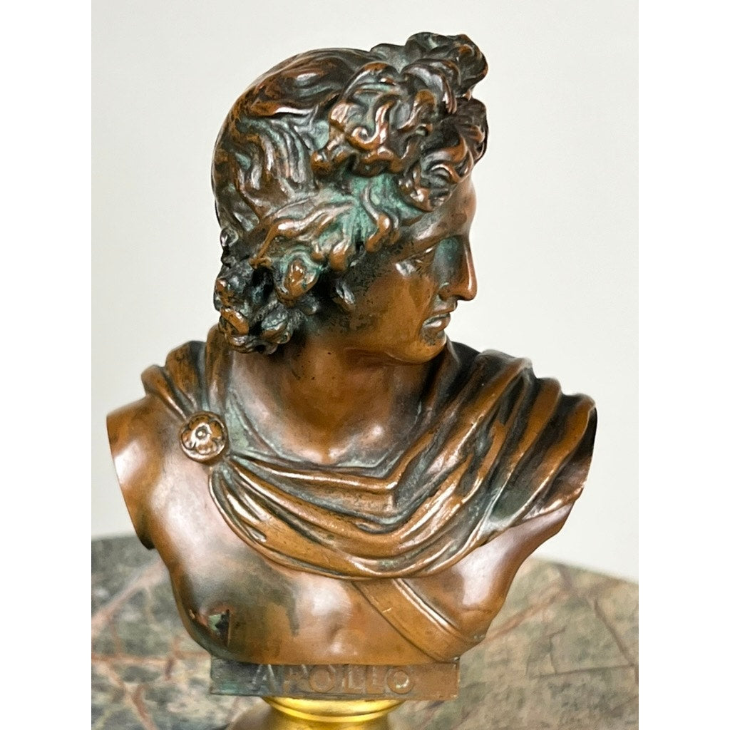 This antique bronze, “the Apollo Belvedere,” bears a Vienna foundry mark and features classical detailing. “APOLLO” is inscribed on the marble base, showcasing fine Viennese craftsmanship. Brand: None/Unknown.