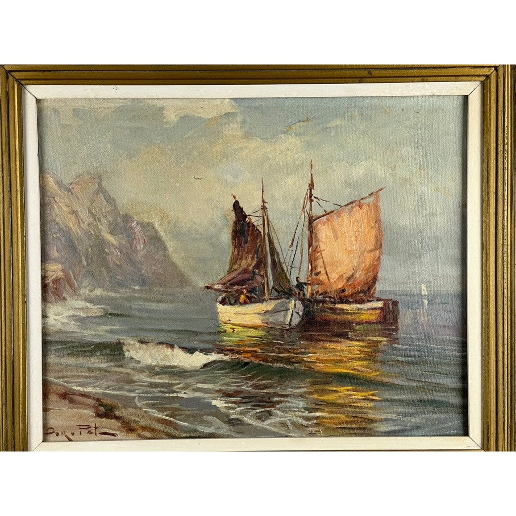 Painting Oil on Canvas “Two Ships Off the Beach” (signed lower left): Features two sailboats with brown sails on wavy seas near rocky cliffs, sunlight reflecting on water, and light clouds above. Brand: Unknown.
