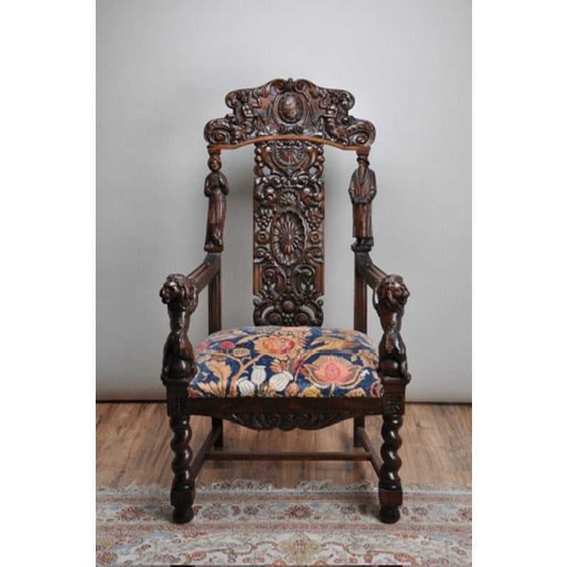 Antique Victorian Oak Heavily Carved Parlor Throne c. 1880