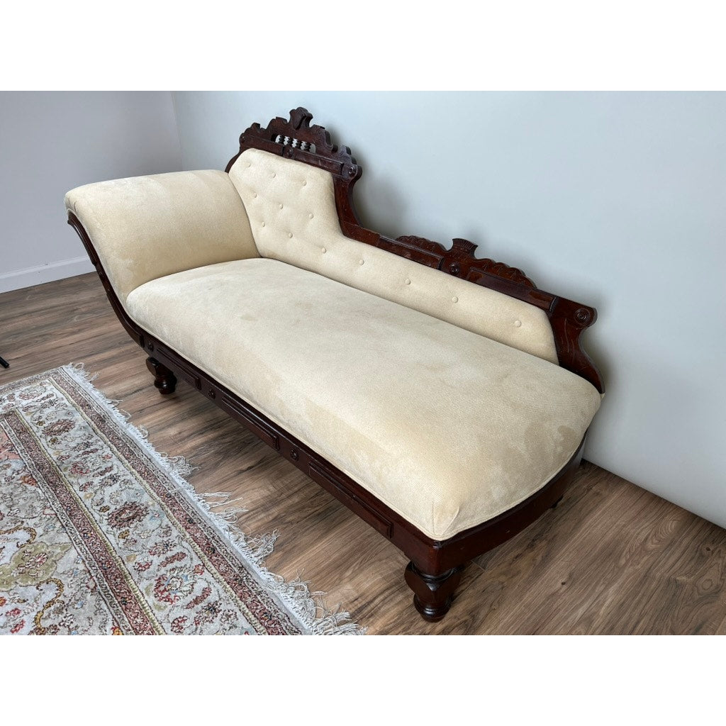 	19th century Victorian fainting couch carved walnut frame