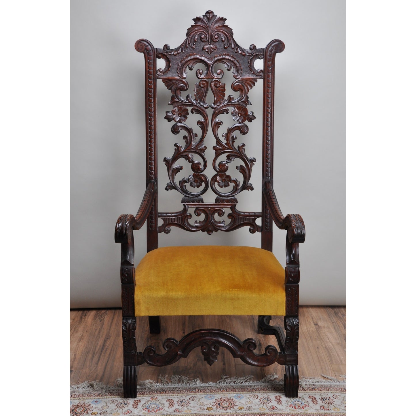 Antique Mahogany Jacobean Acanthus Carved Parlor Throne c. Mid 19th Century