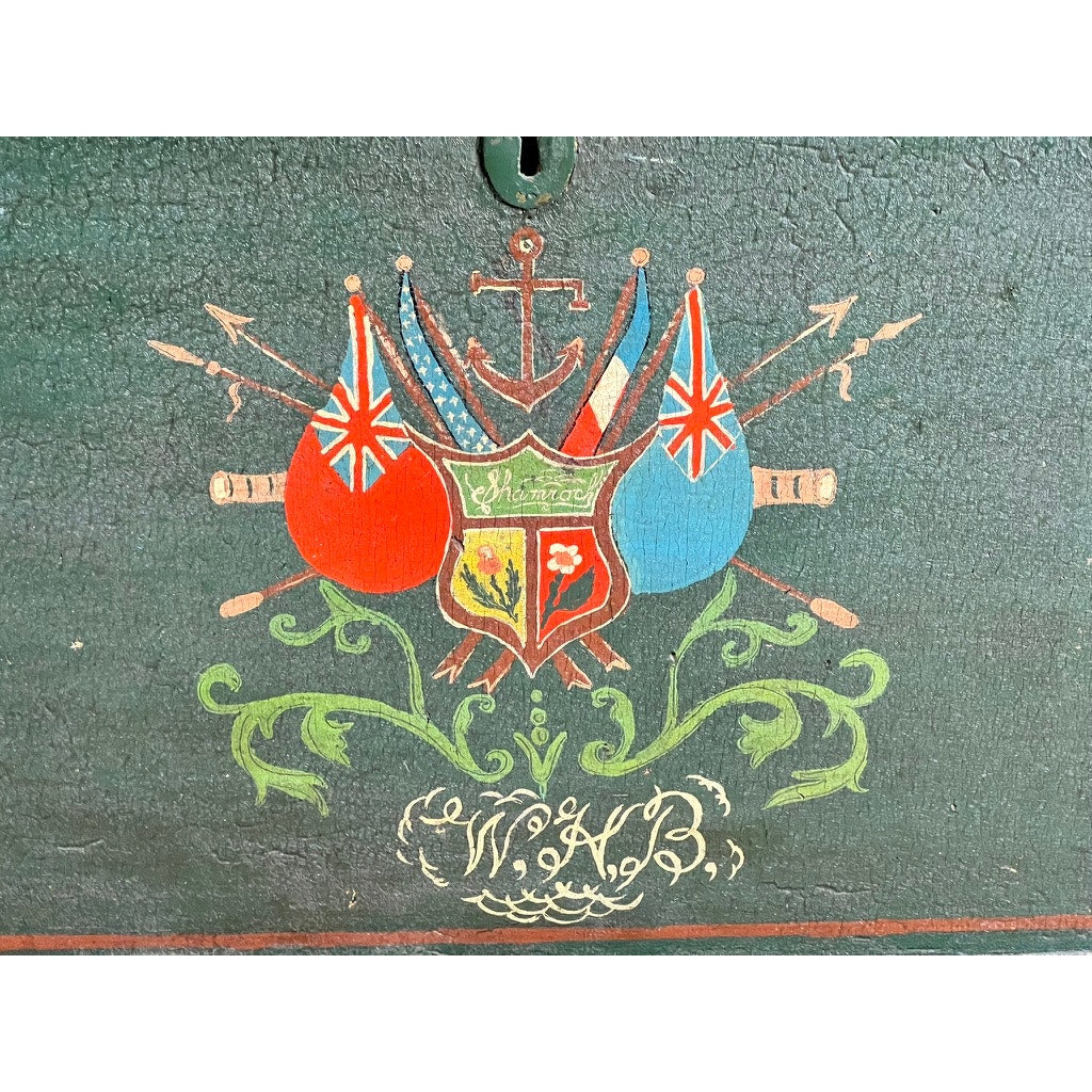The Antique Paint Decorated English Sea Chest (late 19th century) features a painted emblem with crossed flags, anchor, spears, swords, a lion shield at center on green ground with ornate scrollwork and initials below.