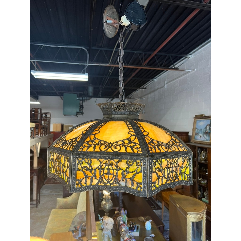 Antique Art Nouveau slag glass hanging lamp c.1920 with amber and green panels