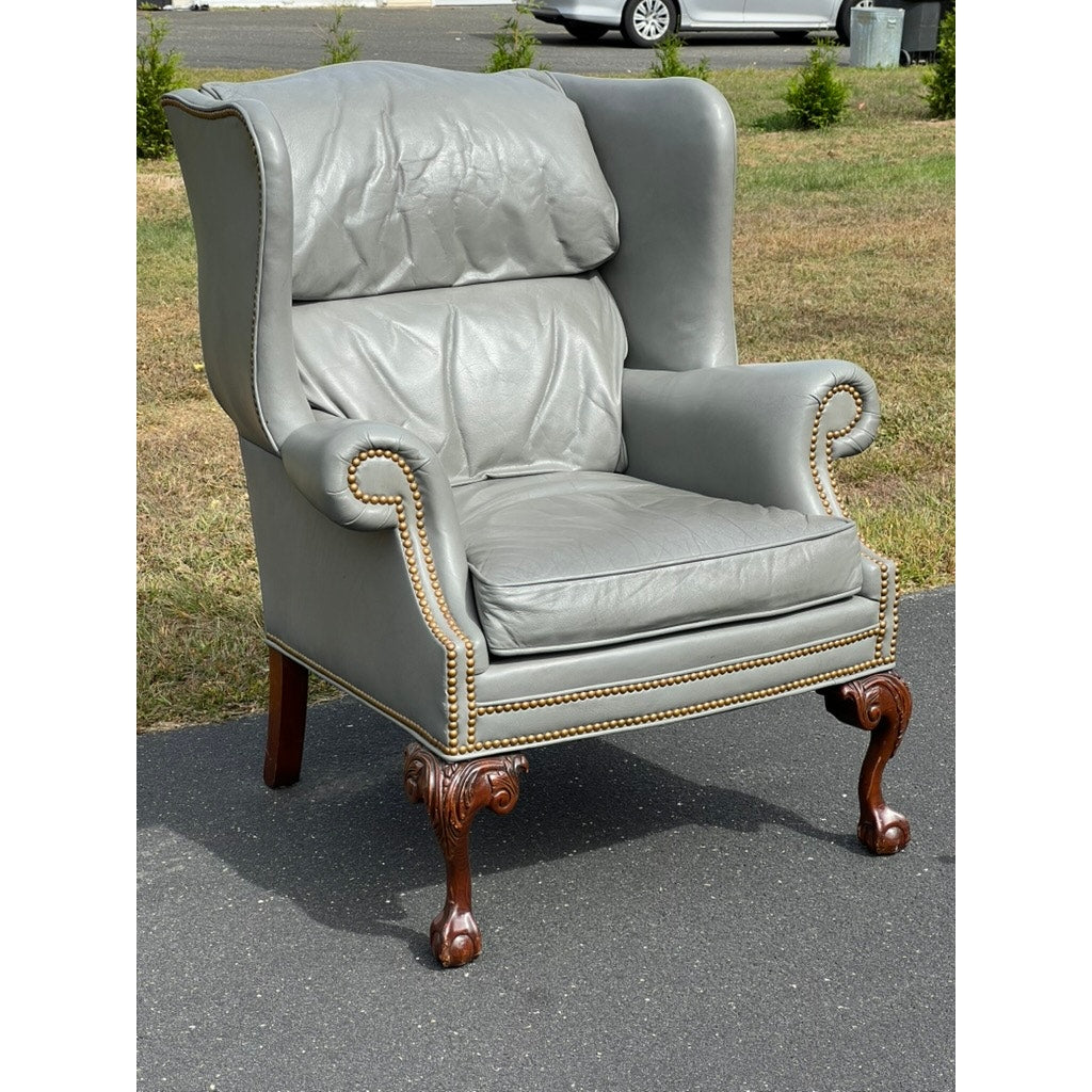 Vintage Grey Leather Chippendale Style Wingback Chair by Fairington