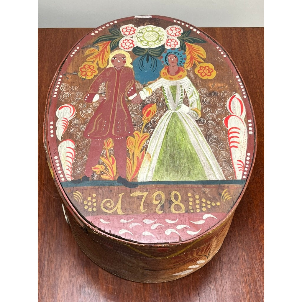 Antique Swedish Polychrome Painted Marriage Box dated 1798—an oval bentwood box with a lid showing a man and woman in historic dress amid floral motifs, exemplifying Scandinavian folk art. Brand: Unknown.