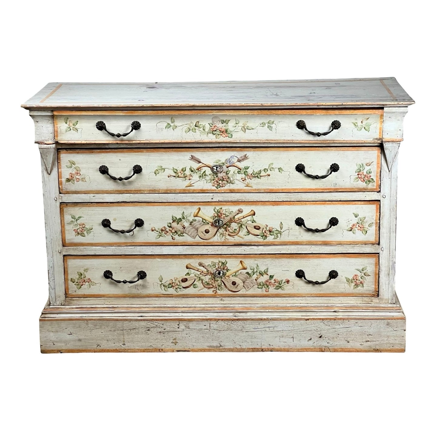 An Antique Italian Paint Decorated Four Drawer Commode (early 19th century) features a distressed white finish, floral and ribbon motifs, and black metal handles, evoking the romantic charm of neoclassical furniture. Brand: Unknown.