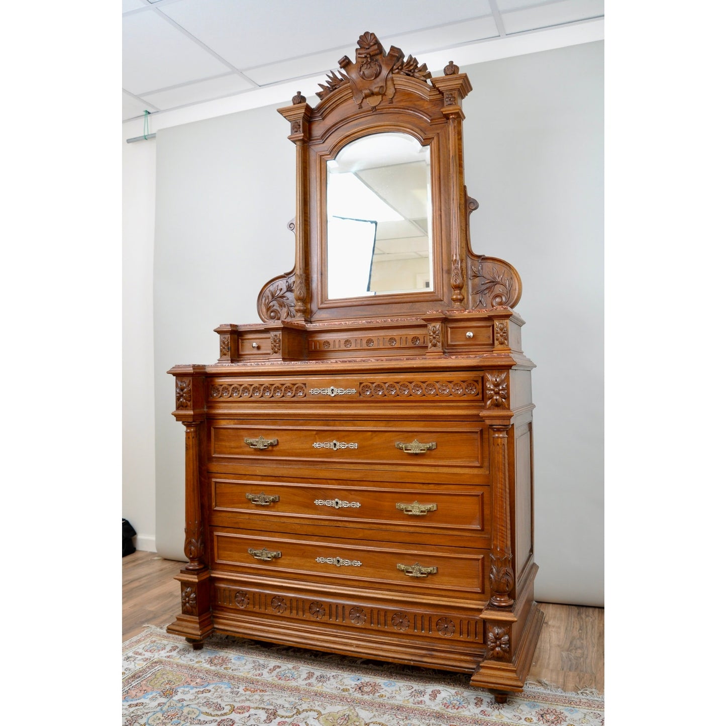 Antique French Napoleon III Four Drawer Dresser with Mirror c. Late 19th Century