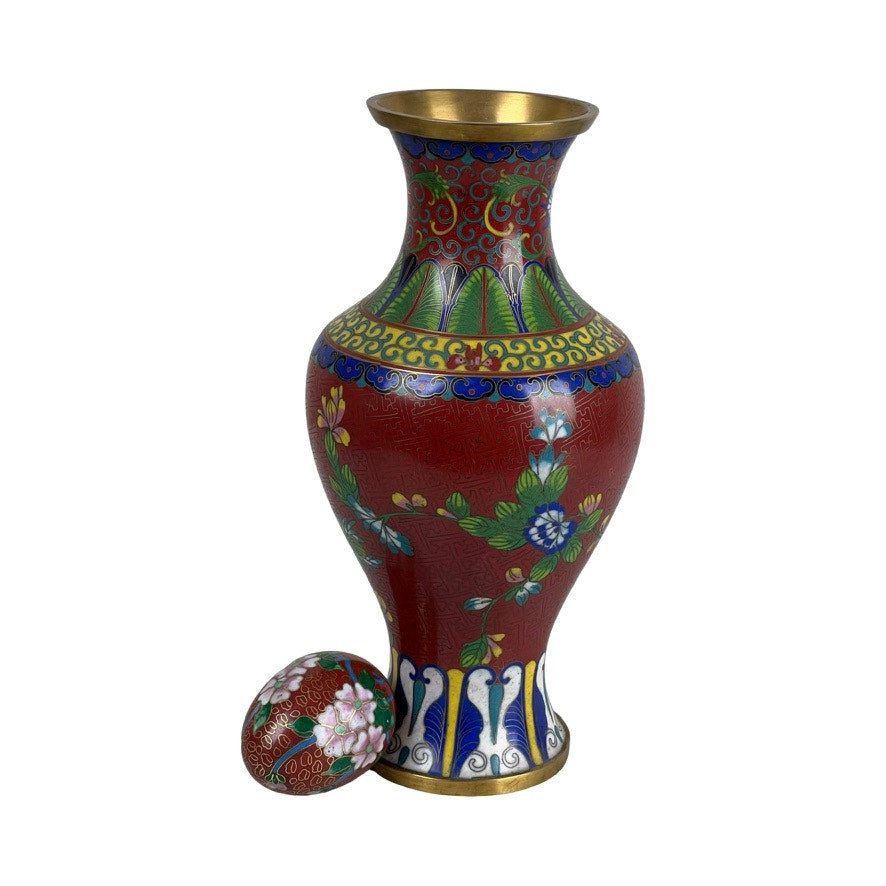 The Vintage Chinese Cloisonné Vase and Egg set features exquisite multicolored floral patterns and gold accents—fine examples of Asian decorative arts with intricate enamel work. Brand is unknown.