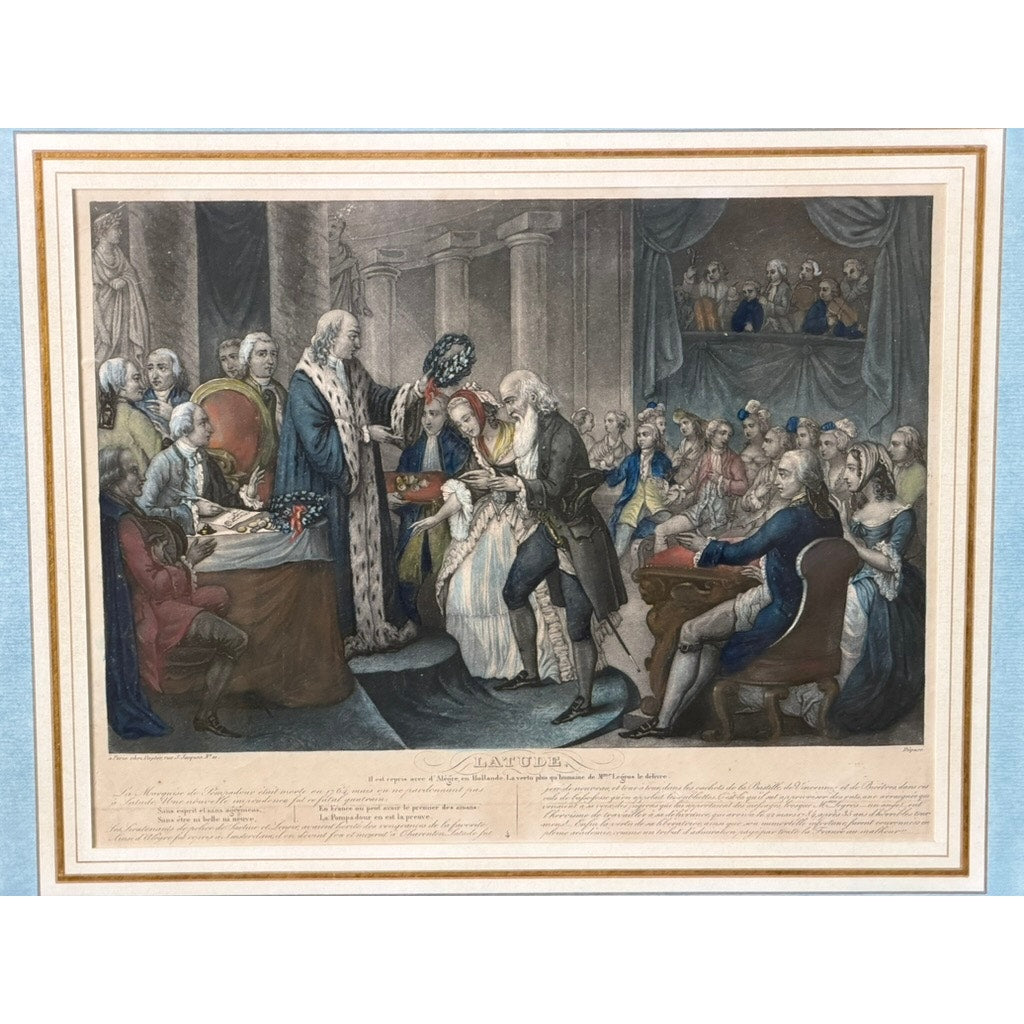 Set of Four French Hand-Colored Engravings Depicting the Life of Latude, Published by Dopter, Paris, Early 19th Century