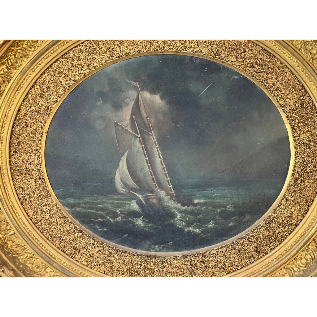 The “Storm Tossed Ship” is a late 19th-century antique oval oil on board painting, showing a ship battling night waves under cloudy skies, with a faint comet—presented in an ornate gold frame. Brand: None/Unknown.