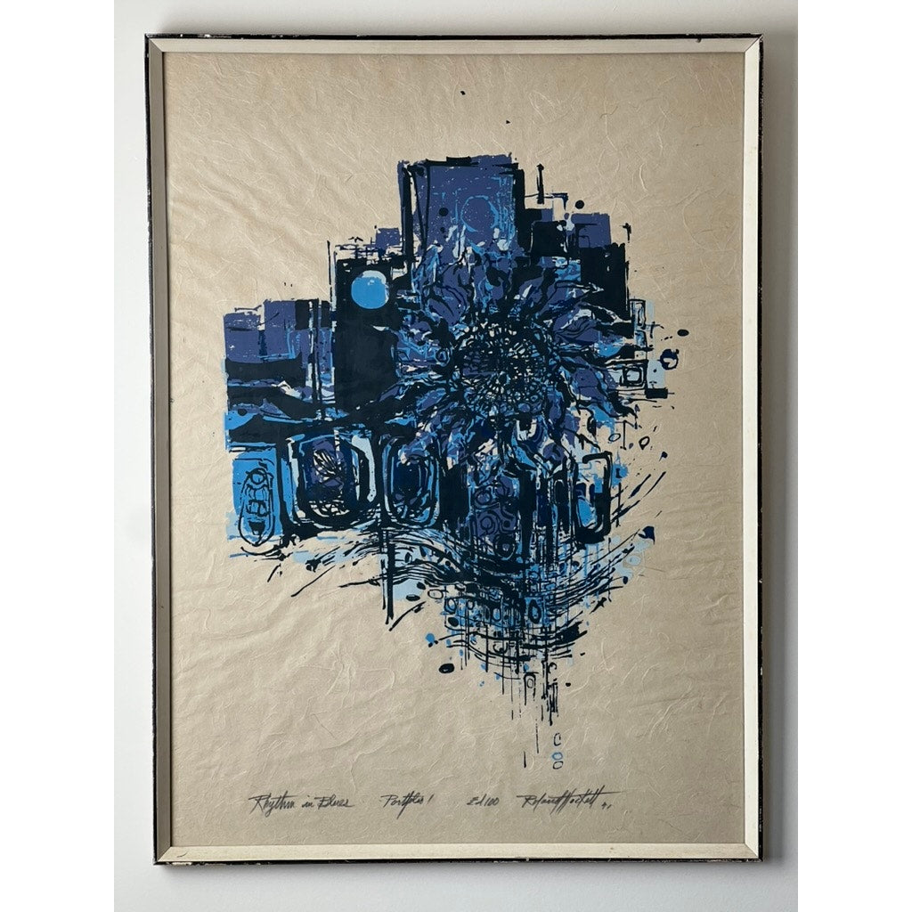 Mid-Century Roland Hockett “Rythm in Blues” Abstract Woodcut Print Signed and Numbered