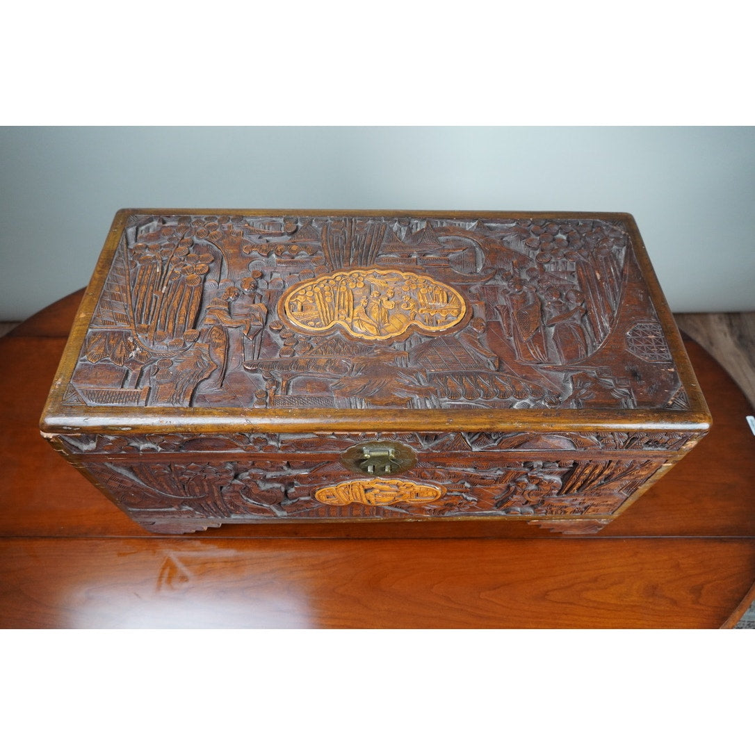 Antique Asian Carved Camphor Wood Storage Box