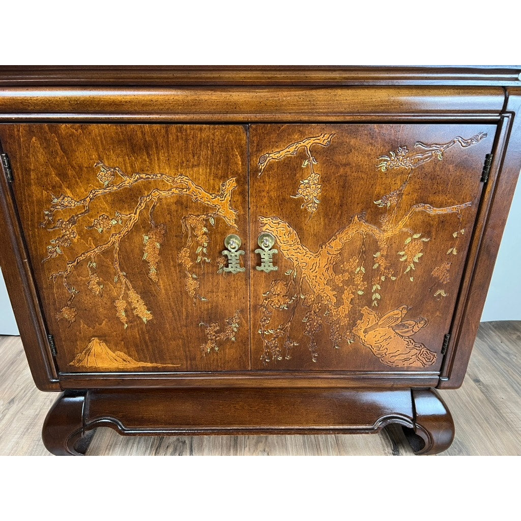 Vintage Broyhill Walnut Parquetry Asian Console Cabinet
