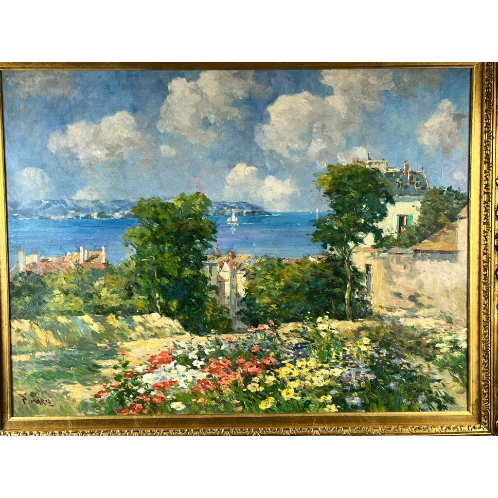 The "Vintage Oil on Canvas Impressionist Painting of Summer Coastal Scene Signed P. Maris" features a vibrant garden, colorful flowers, lush green trees, blue sea, distant European shorelines, and scenic buildings under cloud-filled skies.