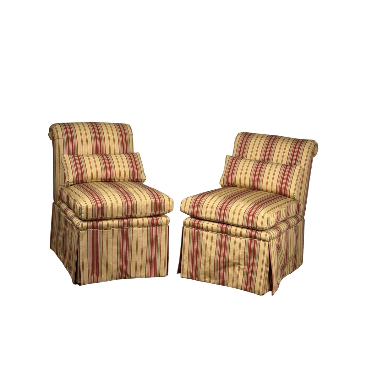 Pair of Upholstered Striped Slipper Chairs with Lumbar Pillows