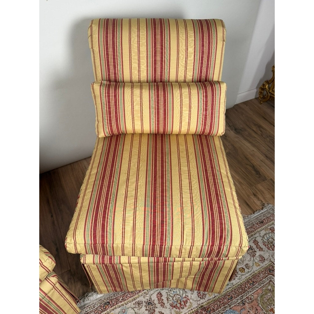 Pair of Upholstered Striped Slipper Chairs with Lumbar Pillows
