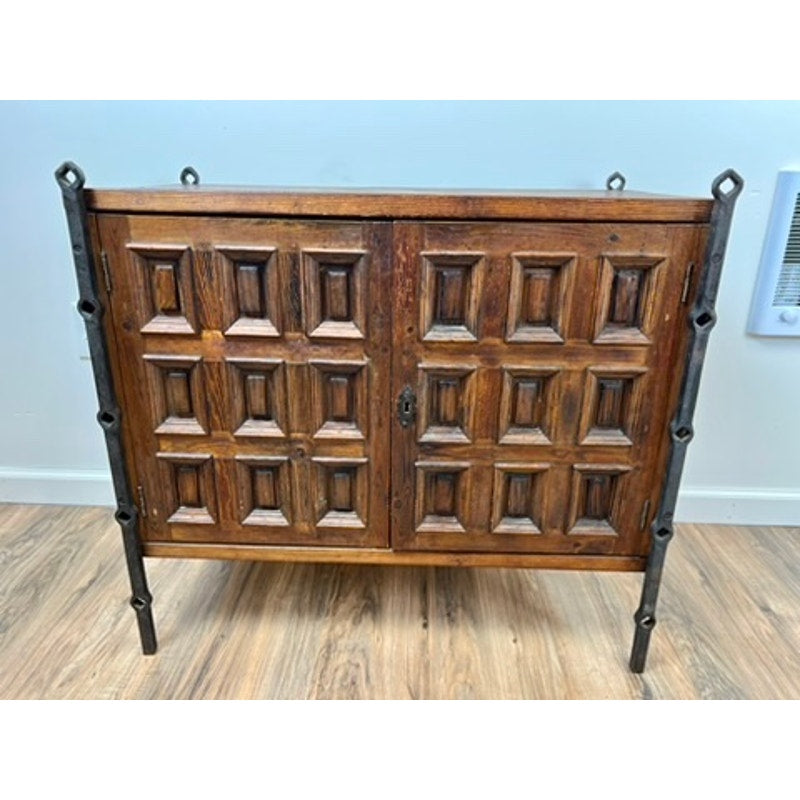 Vintage Spanish Brutalist Cabinet in Stained Pine and Iron