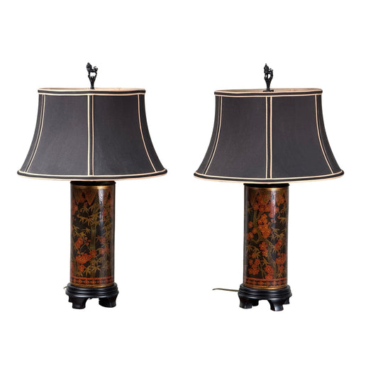 Pair of Frederick Cooper Chinoiserie Lacquer Table Lamps with Foo Dog Finials, 2003
