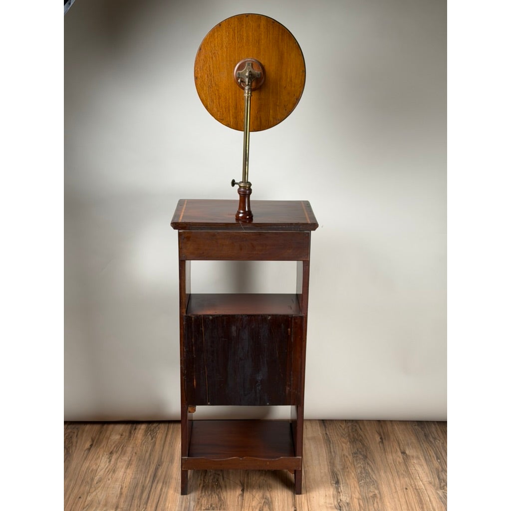 Antique English Mahogany Inlaid Shaving Stand with Adjustable Mirror, c. 1880–1900, featuring three shelves and an adjustable circular mirror mounted to the top.