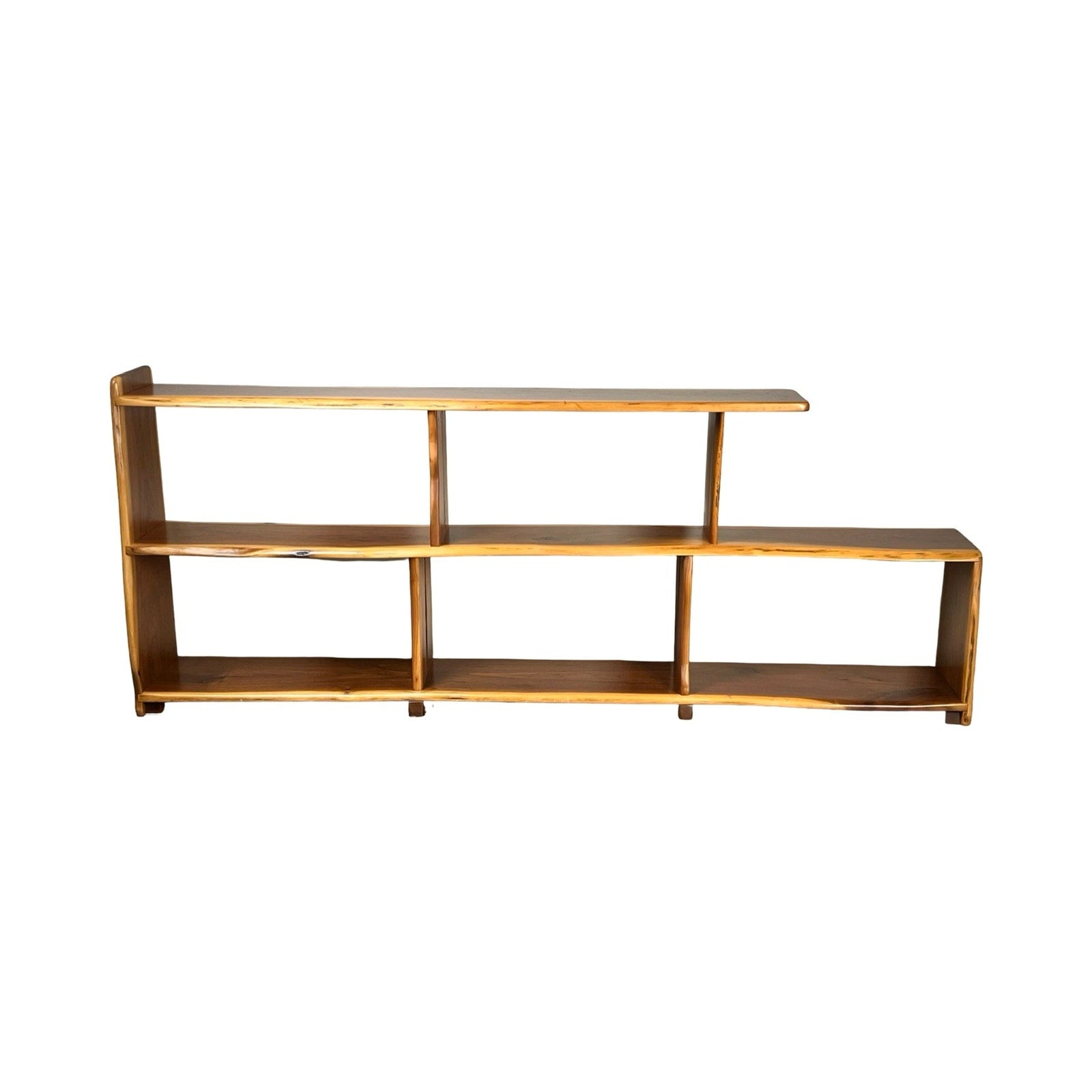 The Vintage Mid-Century Modern Style Live Edge Walnut Bookshelf features six open rectangular compartments with varying heights, an asymmetrical design, a natural wood finish, and is shown against a plain white background.