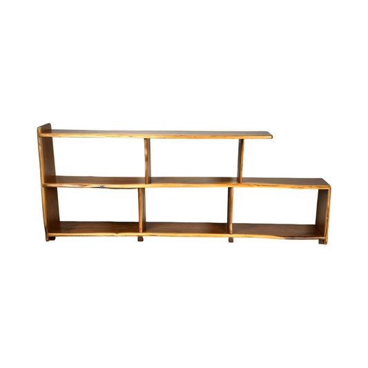 The Vintage Mid-Century Modern Style Live Edge Walnut Bookshelf features six open rectangular compartments with varying heights, an asymmetrical design, a natural wood finish, and is shown against a plain white background.
