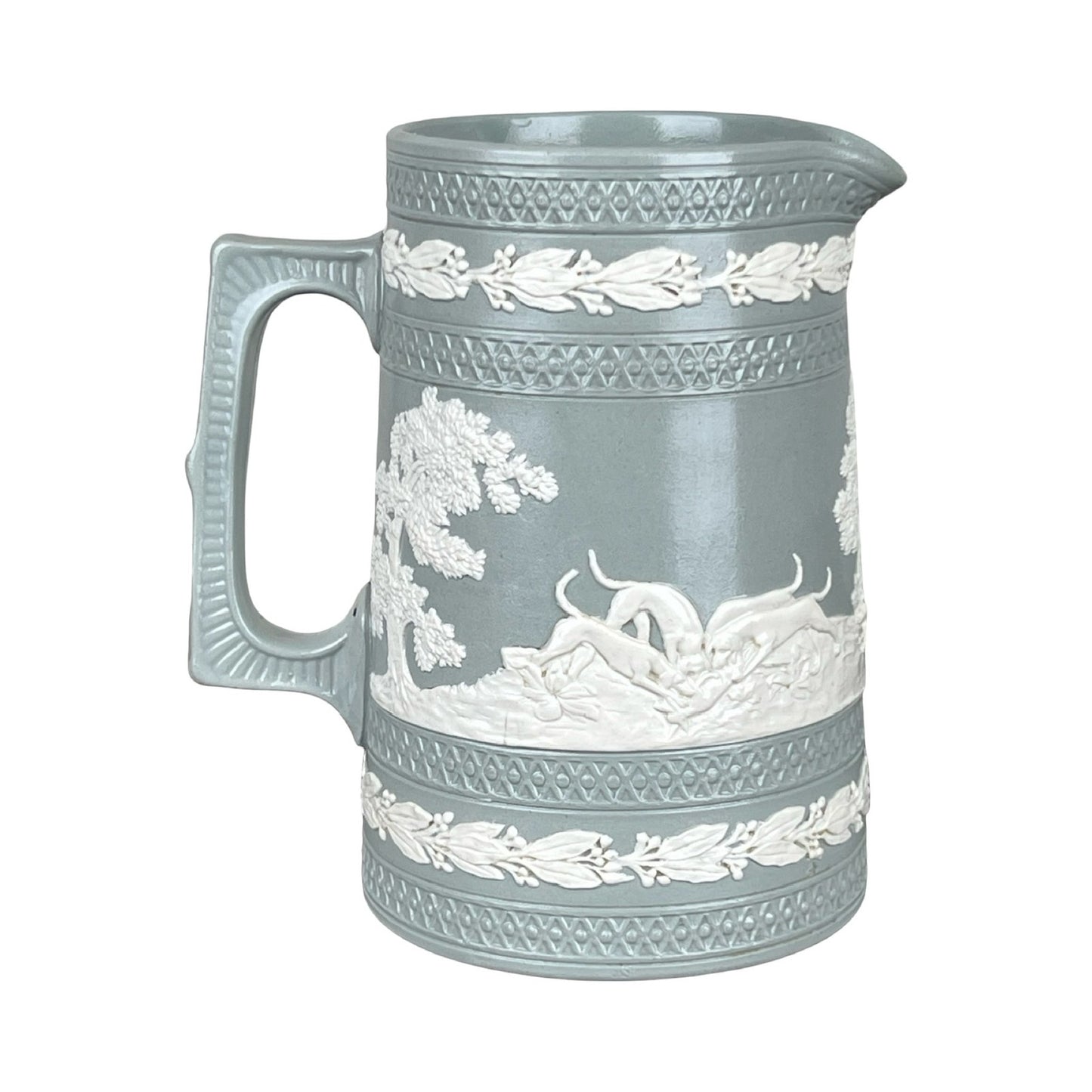 Vintage Copeland Spode English Jasperware Fox Hunt Pitcher features light blue jasperware, a rectangular handle, and white relief with trees, leaves, and a fox hunt motif in classic English style. Brand: Copeland Spode.