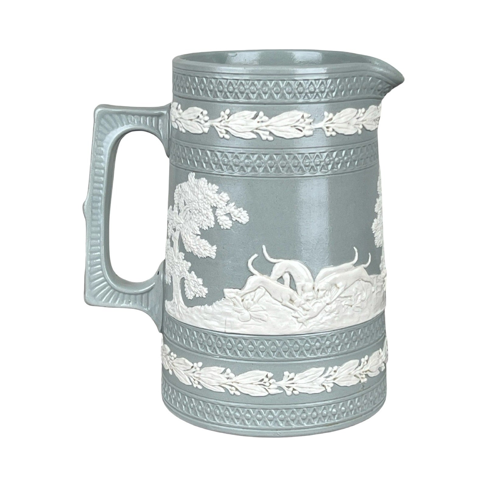 Vintage Copeland Spode English Jasperware Fox Hunt Pitcher features light blue jasperware, a rectangular handle, and white relief with trees, leaves, and a fox hunt motif in classic English style. Brand: Copeland Spode.