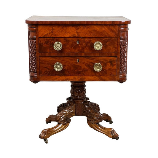 Antique Federal Period Mahogany Work Table with Pineapple Carved Pillars c. 1840