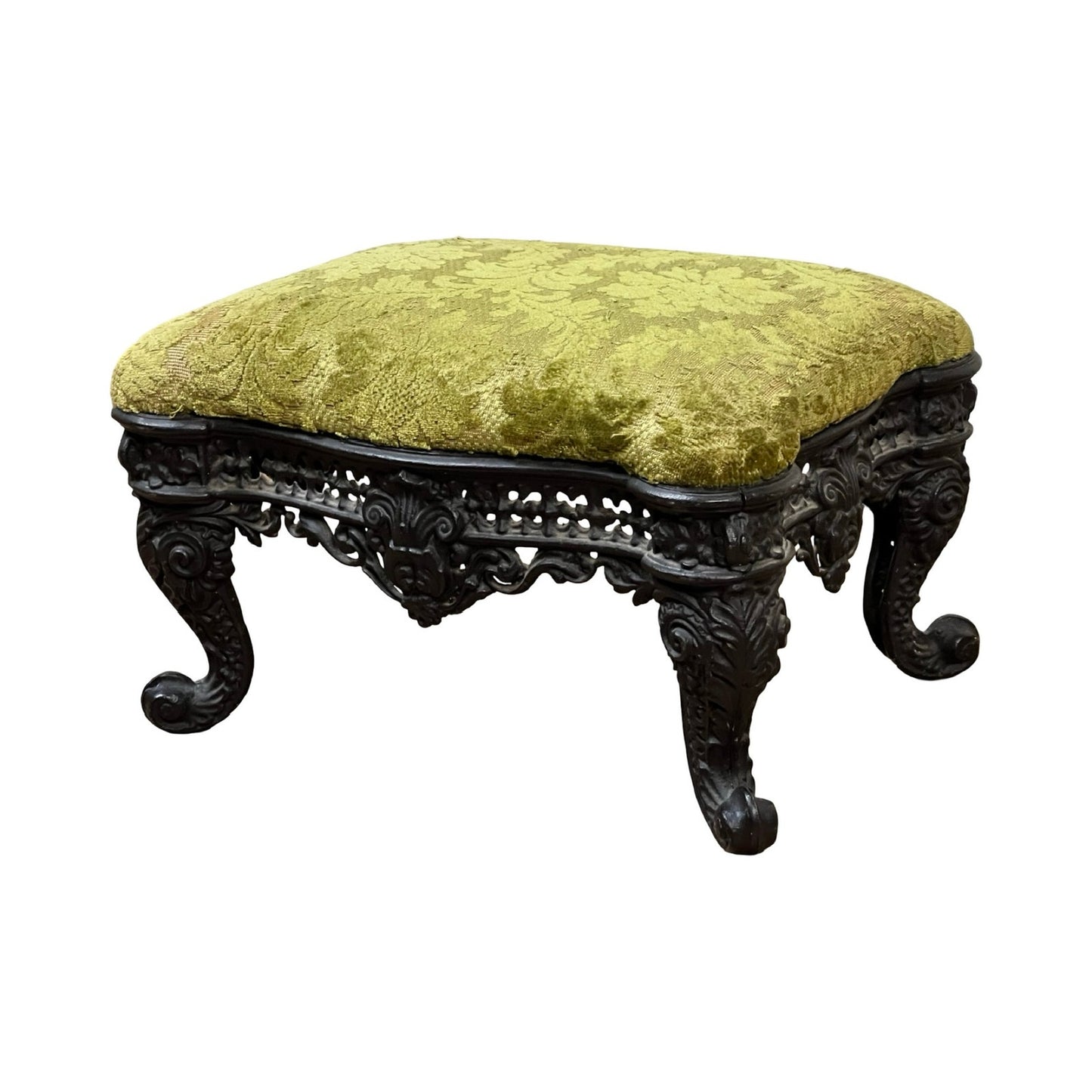 Antique Victorian Cast Iron Foot Stool c. 1900 with ornate, dark cast iron legs and frame, plus a green patterned cushion—an exquisite collectible for decorative arts lovers or Victorian antique enthusiasts.