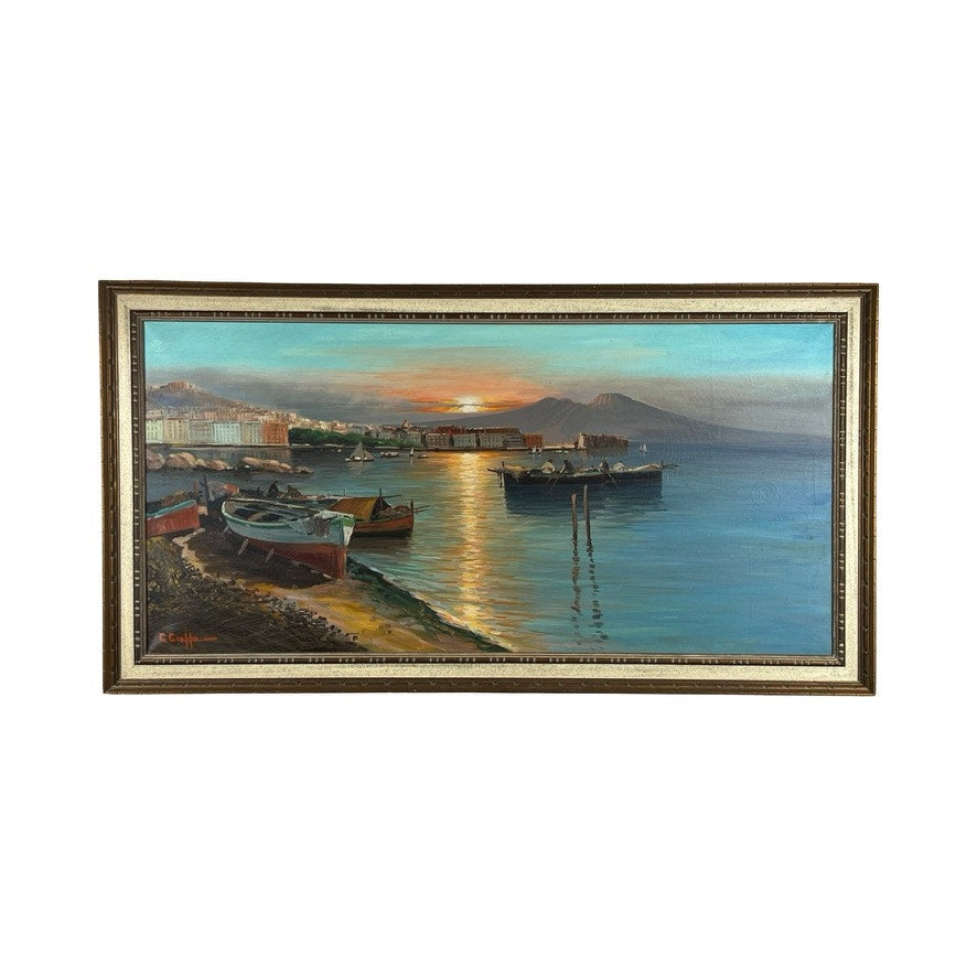 Painting Oil on Canvas “Naples Harbor” Signed Lower Left C. Ciappa, 28 x 52—features boats docked at sunset with waterfront buildings and mountains in the background, capturing a serene coastal landscape. Brand: None/Unknown.