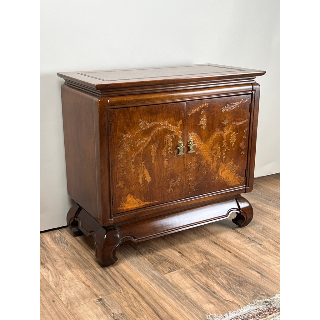 Vintage Broyhill Walnut Parquetry Asian Console Cabinet