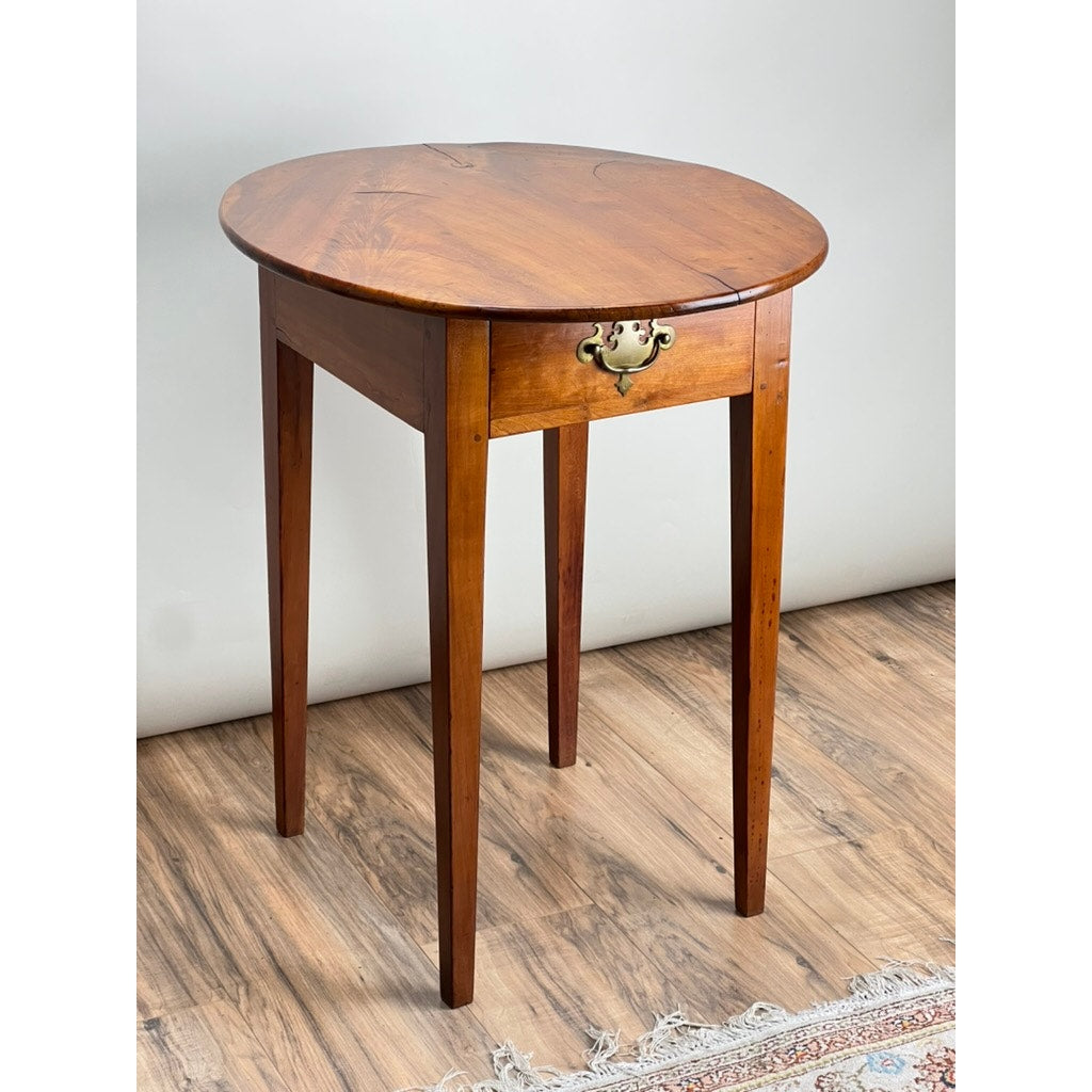 Antique 18th Century Cherry Hepplewhite One Drawer End Table with Figured Cherry Oval Top