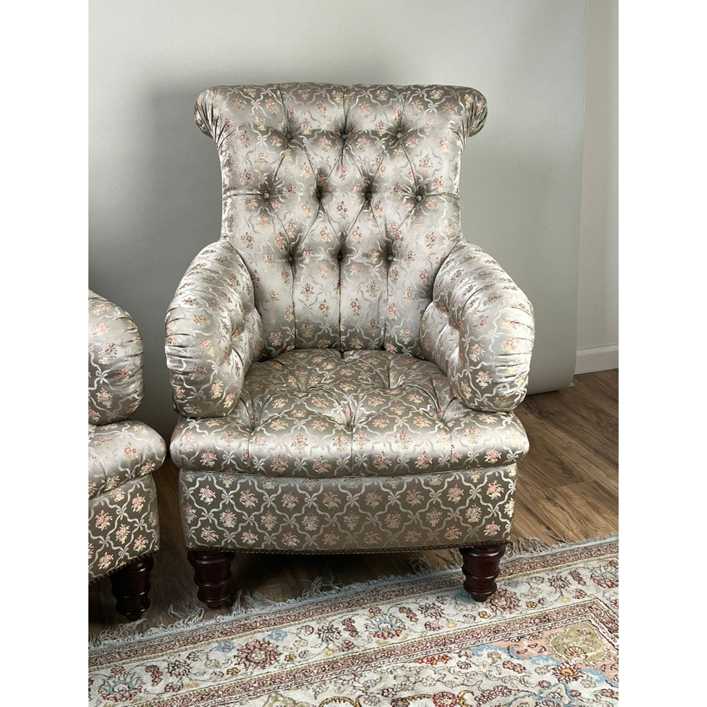 Vintage Pair English Regency Style Tufted Library Chairs in Fine Silk