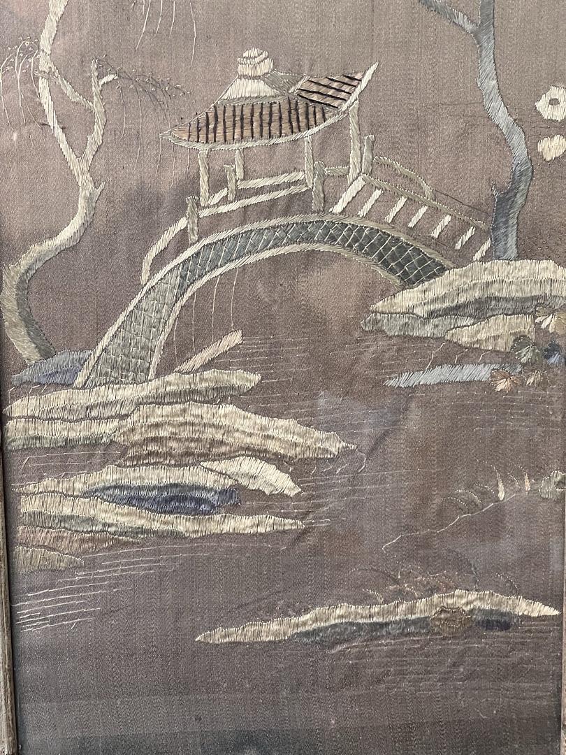 Antique Chinese Embroidered Panel on Silk c. Late 19th Century from Pearl City Antiques, featuring an arched stone bridge, pavilion, and natural landscape in muted browns and grays.