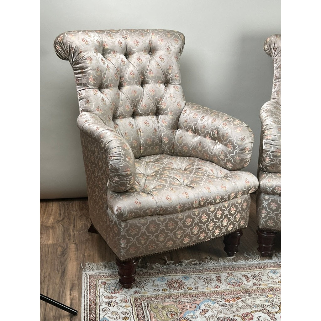 Vintage Pair English Regency Style Tufted Library Chairs in Fine Silk