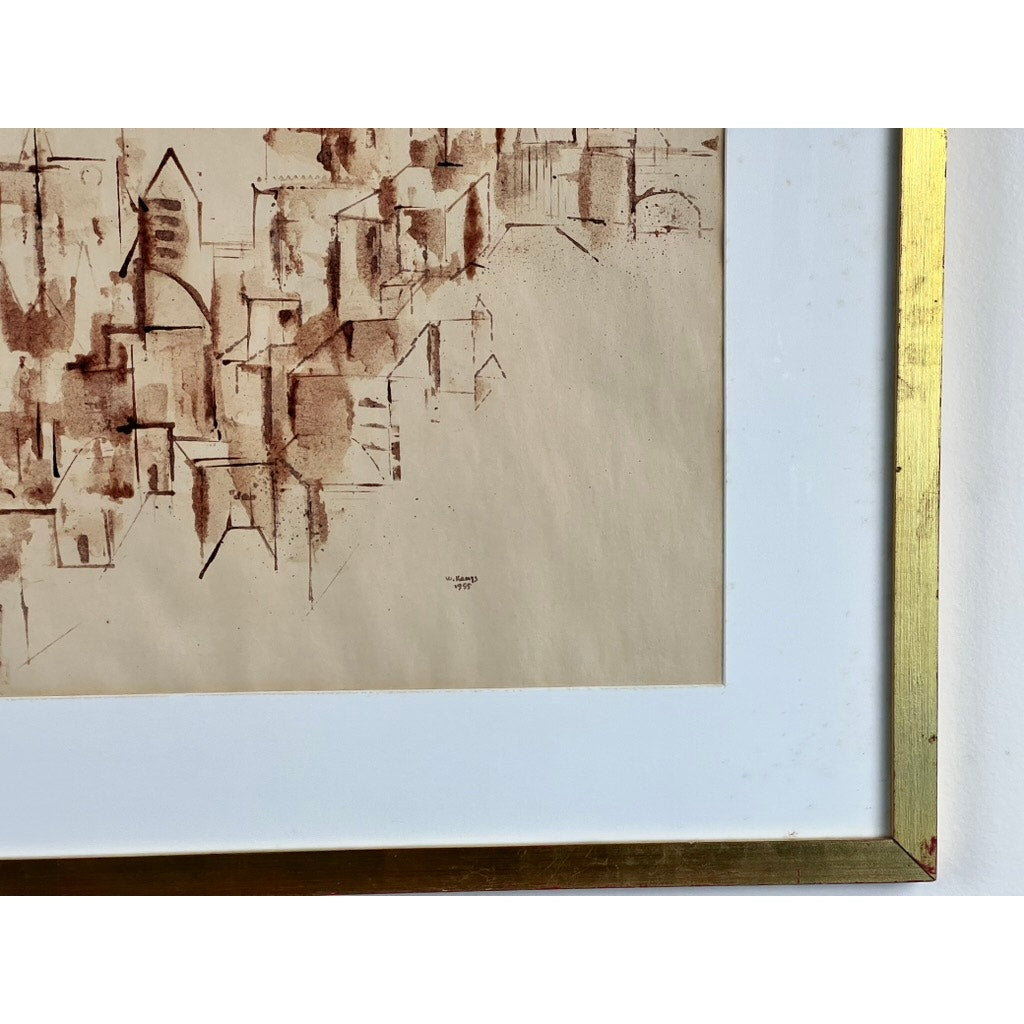 Close-up of “Assissi” (1955), an ink on paper by Walter Kamys, signed lower right, showing abstract architectural forms in brown ink on beige paper, partially visible with a white mat and thin gold metallic frame.