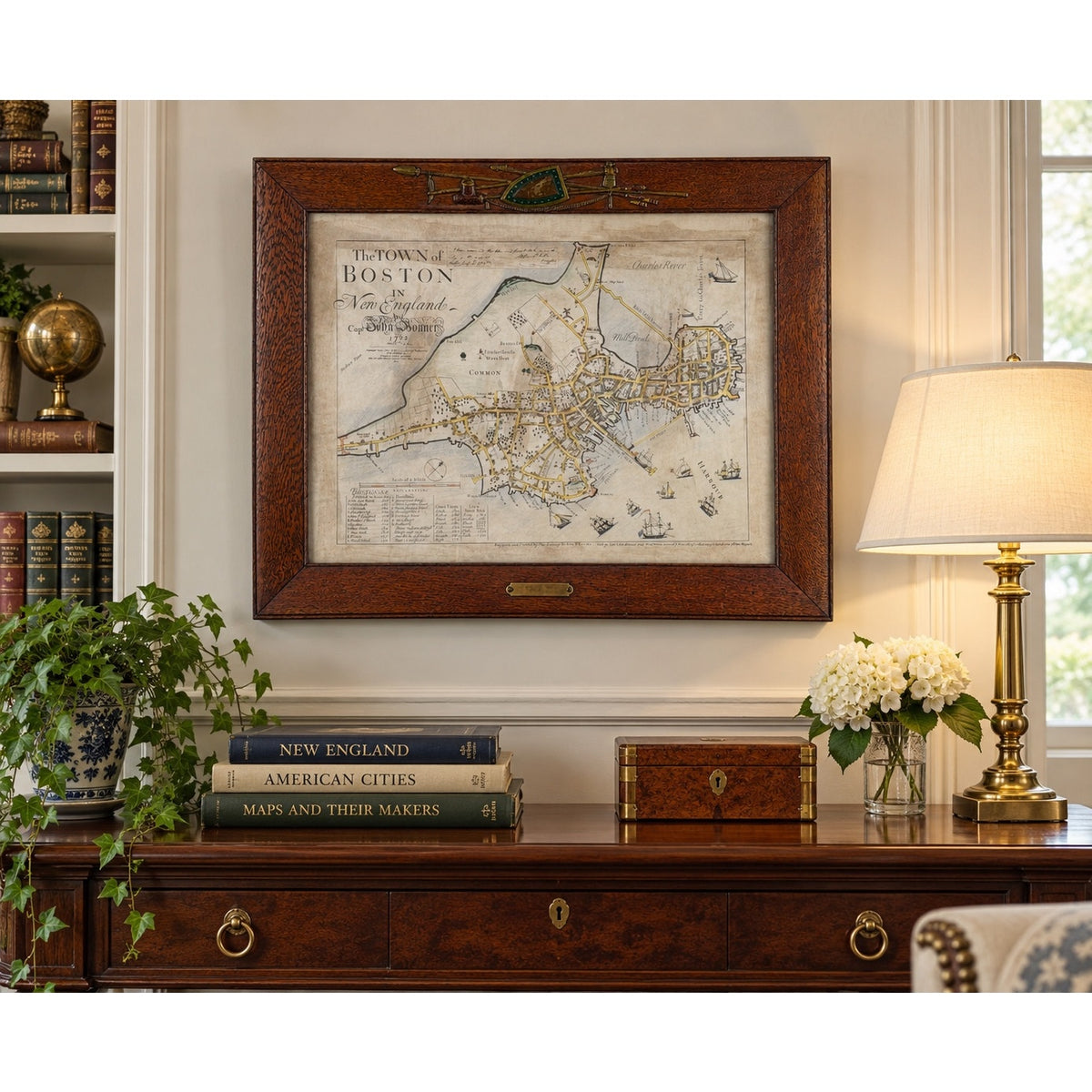 John Bonner “The Town of Boston” Map, After the 1835 George G. Smith Edition, Antique Oak Frame