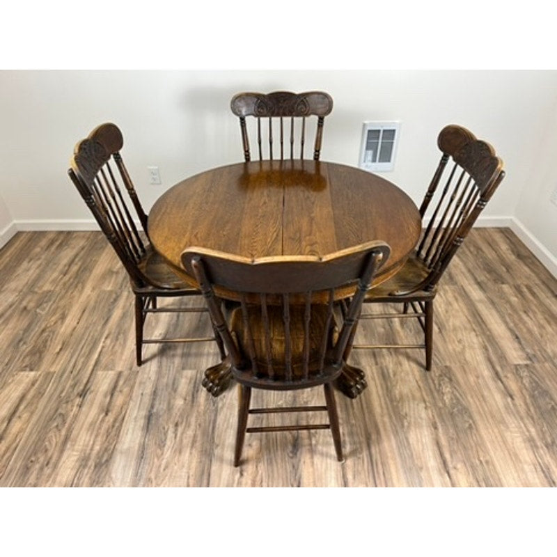 Antique Solid Oak Paw Foot Kitchen Table with Four Chairs c. 1900