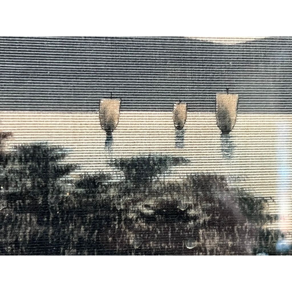 Three sailboats are reflected in calm water, evoking the Japanese Meiji Period Embroidered Painting attributed to Nishimura Sozaemon of Kyoto, with dark tree silhouettes and horizontal lines creating a vintage, textured effect.