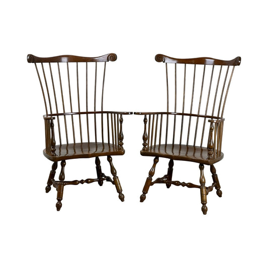 Pair of Stickley cherry Windsor chairs with tall spindle backs and scrolled crests