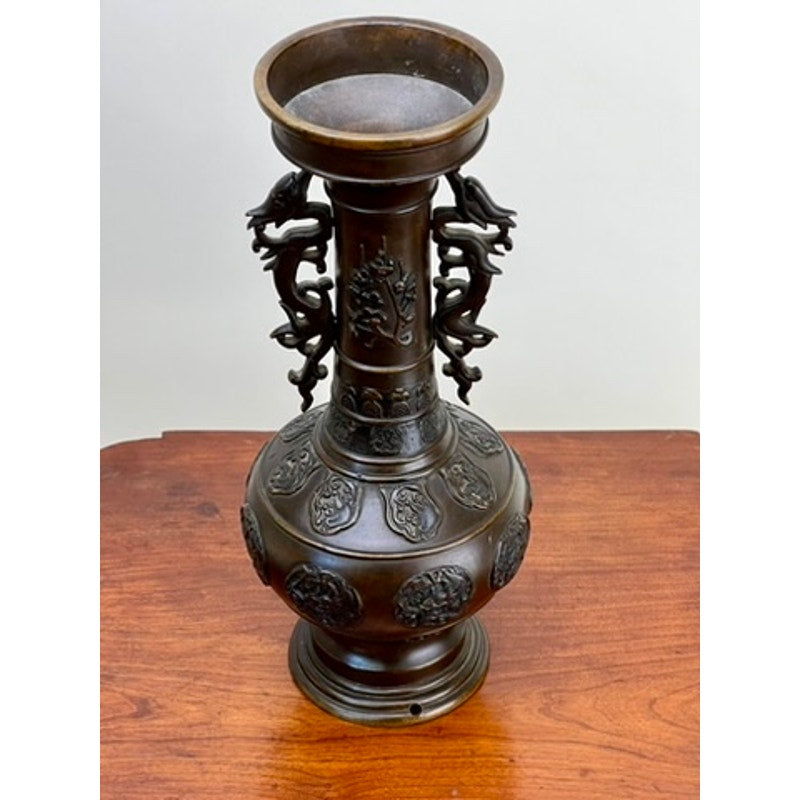 Antique Chinese Patinated Bronze Vase with Dragon Handles and Medallions