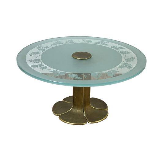 Vintage Etched Glass and Brass Coffee Table with Stylized Flower Petal Base