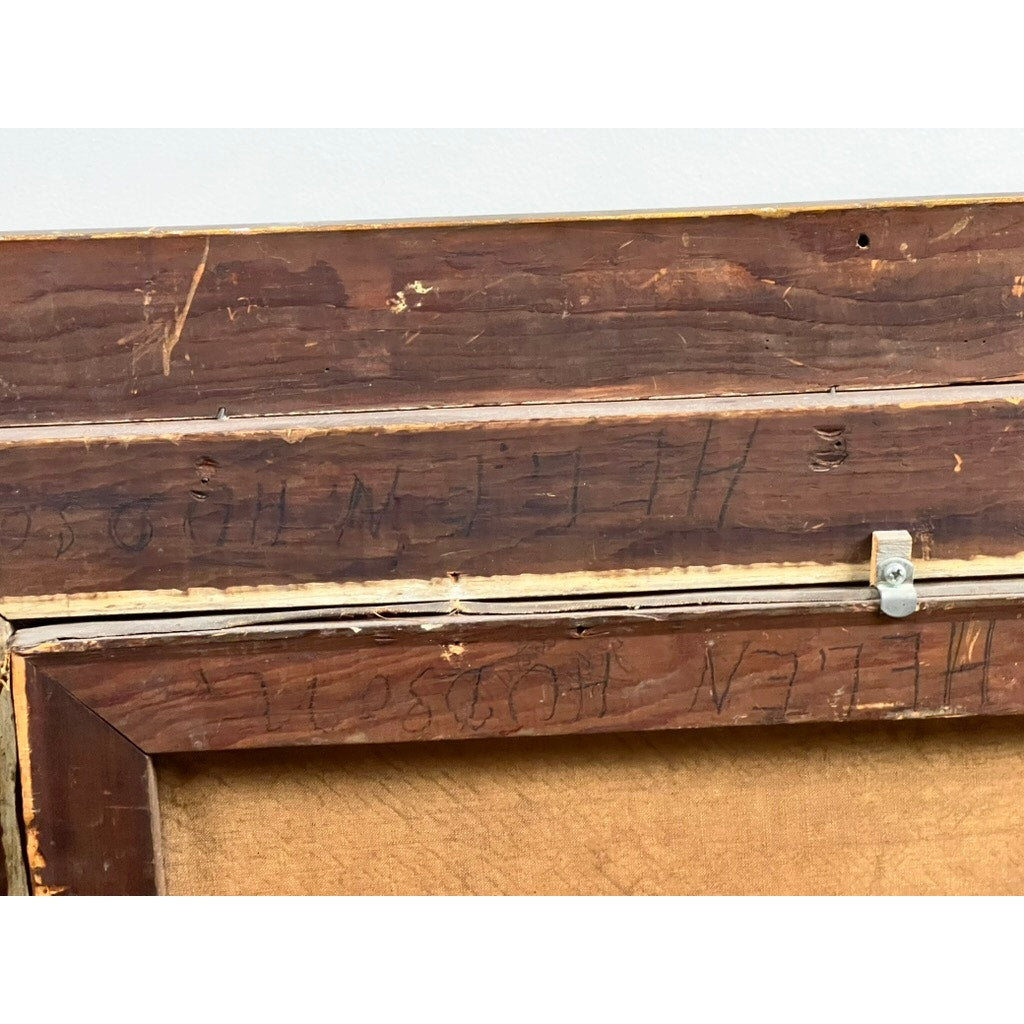 Close-up of the back of “Spectacle Bridge,” an antique early 20th century oil on canvas painting signed Arthur Davis, shows handwritten numbers, letters, a metal bracket, and canvas texture. Brand: None/Unknown.