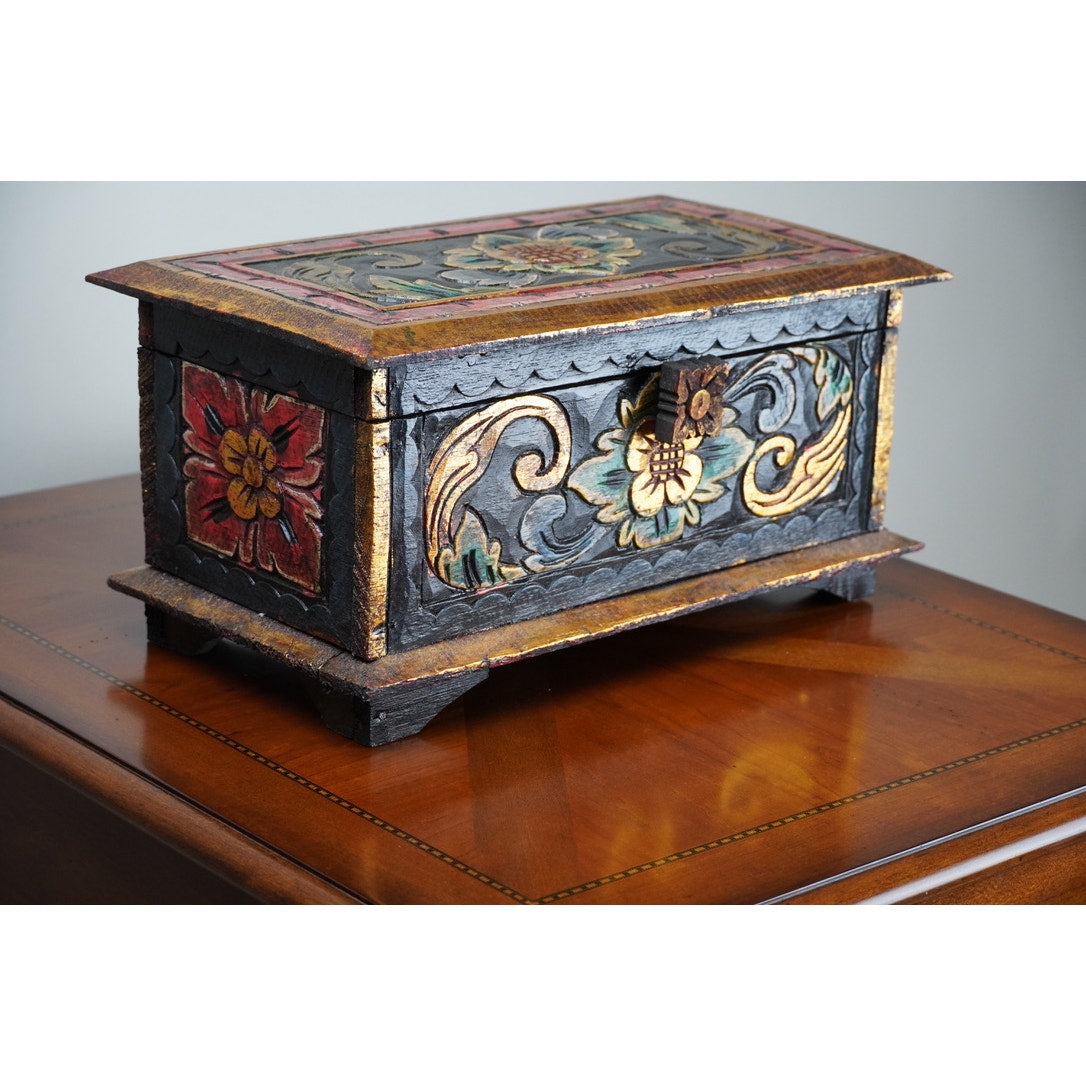 Vintage Indonesian Albacia Wood Carved Painted Box Made in Bali