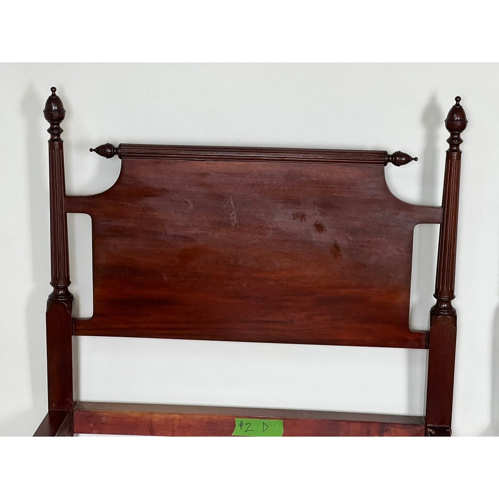 A pair of vintage Centennial solid mahogany twin four poster beds (c. 1940) with a rich dark finish, tall turned posts, a rectangular central headboard panel, and decorative finials, inspired by Federal Sheraton antique style.