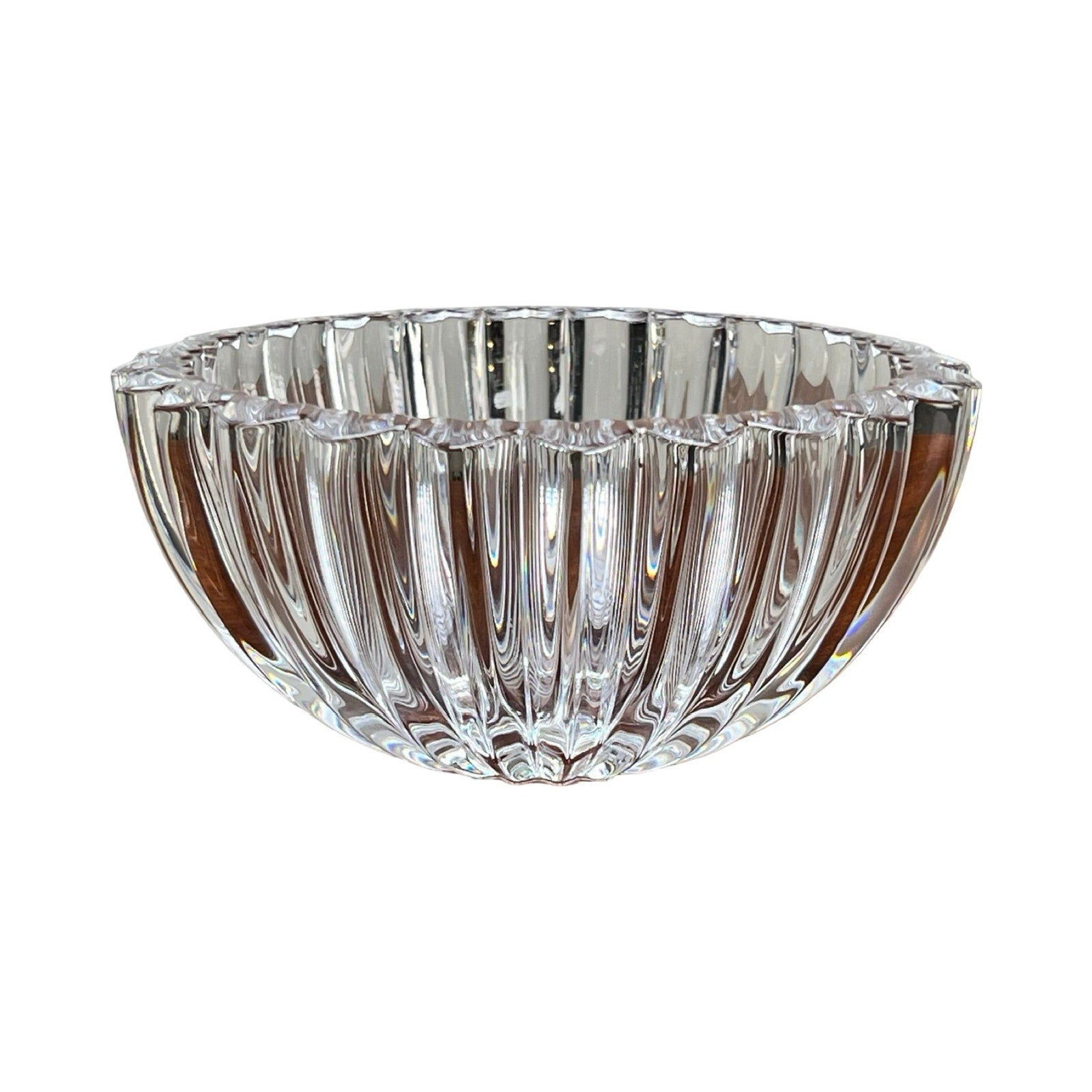 Vintage Tiffany & Co. Crystal Bowl featuring a ribbed petal design and scalloped rim—an elegant decorative piece or striking crystal centerpiece from Tiffany & Co.