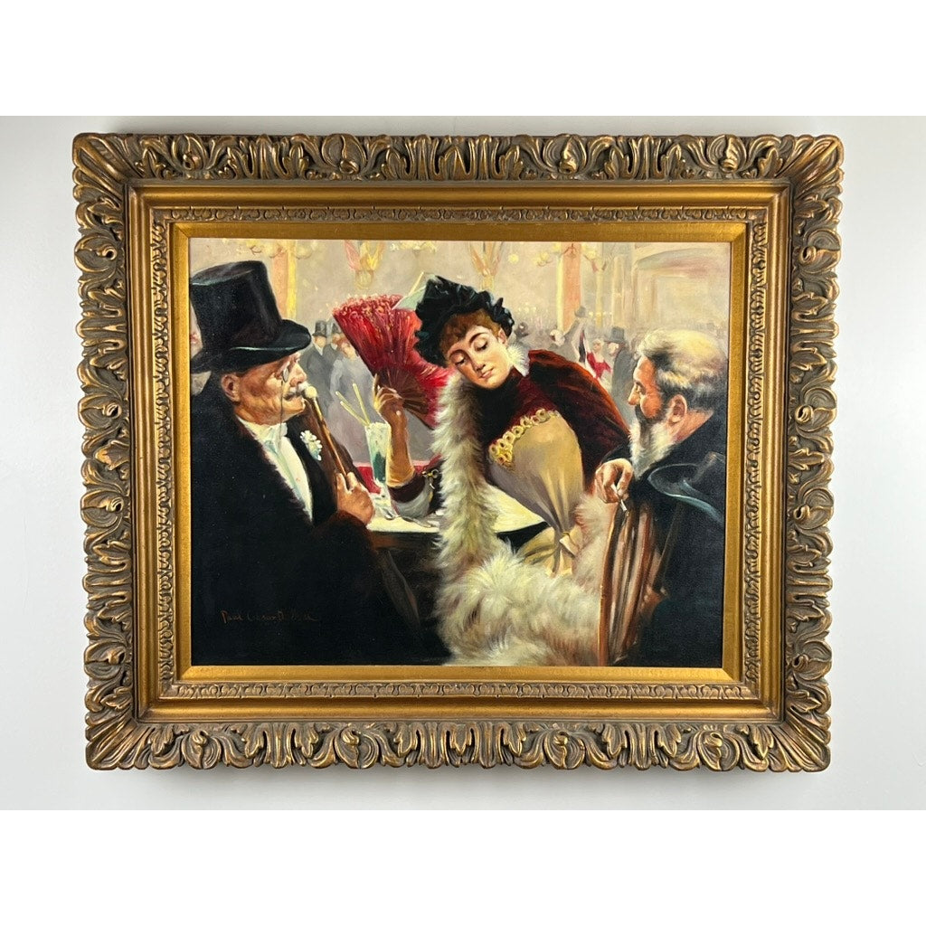 An ornate gold-framed oil painting on canvas, “Visiting the Moulin Rouge” after Paul Cesar Helleu (spuriously signed lower left), depicts three elegantly dressed figures conversing amid softly lit Belle Époque décor. Brand: Unknown.